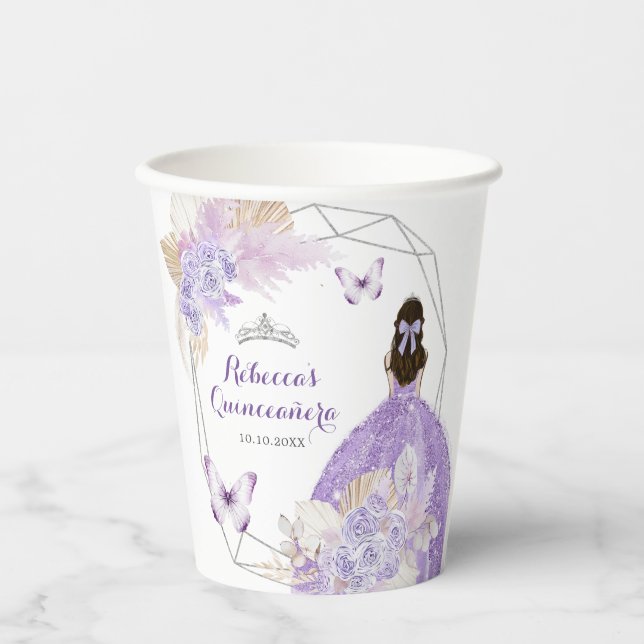 Gobelets En Papier Boho Argent Fleurs violettes Papillon Quinceañera (Recto)