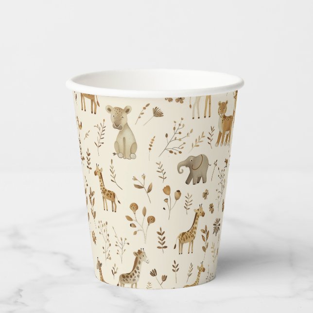 Gobelets En Papier Boho Blanc Beige Jungle Animaux (Recto)