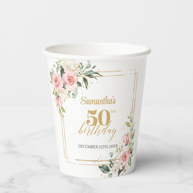 Gobelets En Papier Boho blush fleuri eucalyptus or 50e anniversaire (Verso)