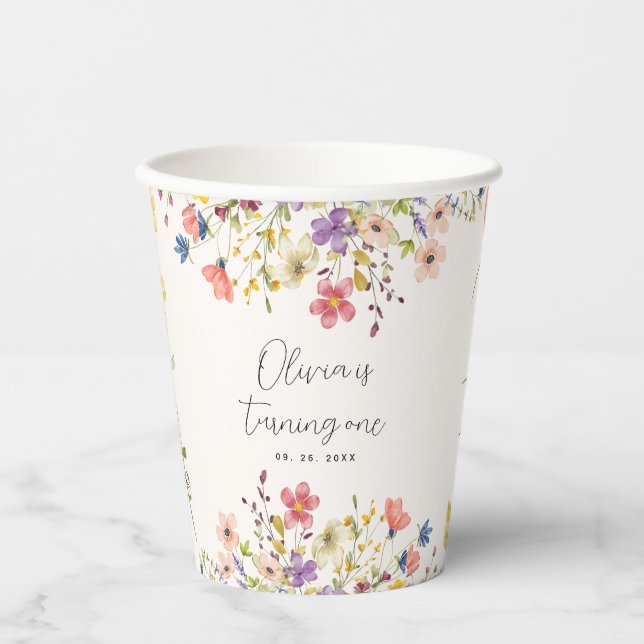 Gobelets En Papier Boho Chic Botanique Fleur sauvage Premier annivers (Recto)