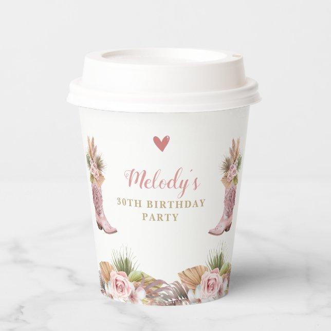 Gobelets En Papier Boho Cowgirl Boot Pampas Grass Roses Anniversaire (Recto)