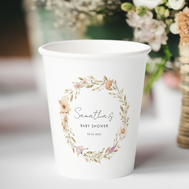 Gobelets En Papier Boho Flower Baby Shower (Custom Boho Flower Baby Shower Paper Cups with your Name & Date. For Baby Girl, Baby Boy.)