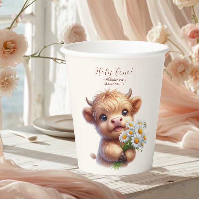 Gobelets En Papier Boho Holy Cow Highland Cow 1er anniversaire (Créateur téléchargé)