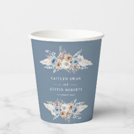 Gobelets En Papier boho pampas bleu poussiéreux mariage
