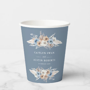 Gobelets En Papier boho pampas bleu poussiéreux mariage