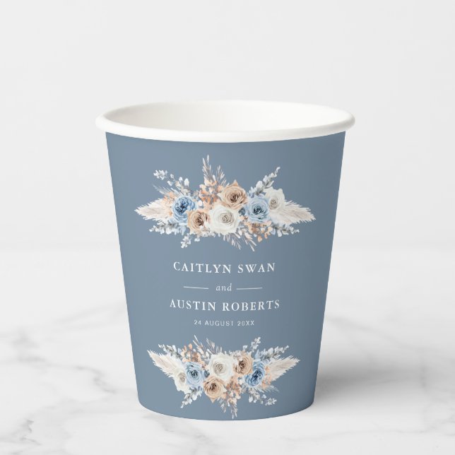 Gobelets En Papier boho pampas bleu poussiéreux mariage (Recto)