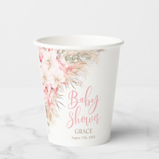 Gobelets En Papier Boho Pampas Orchidées Peonies Baby shower neutre (Recto)