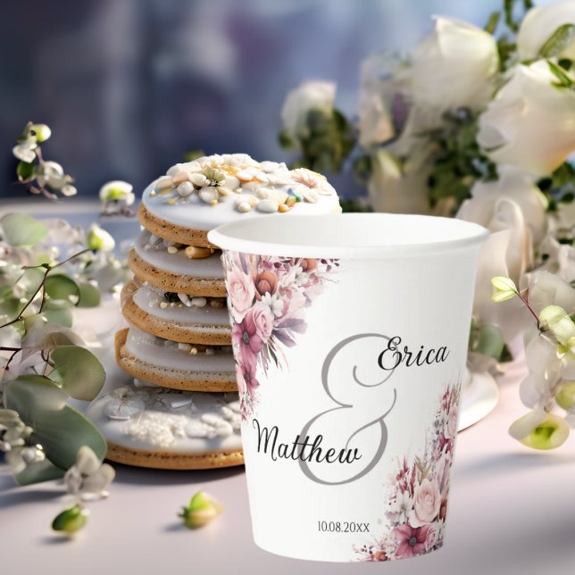 Gobelets En Papier Boho rose Dusty Floral Mariage de script moderne (Créateur téléchargé)