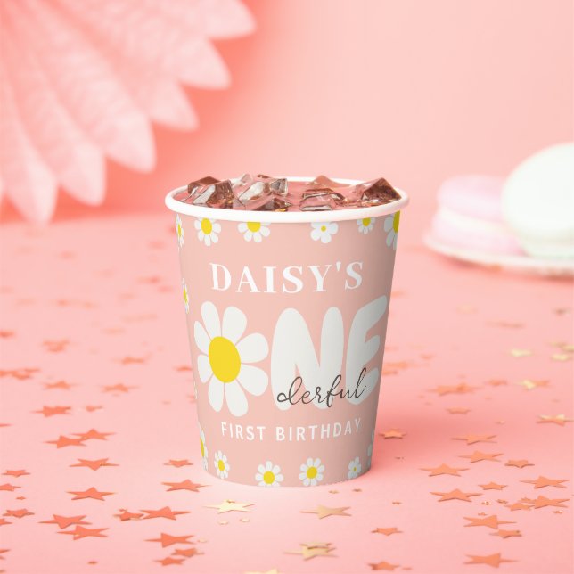 Gobelets En Papier Boho rose mignonne Daisy Fleurs 1er Anniversaire (Insitu)
