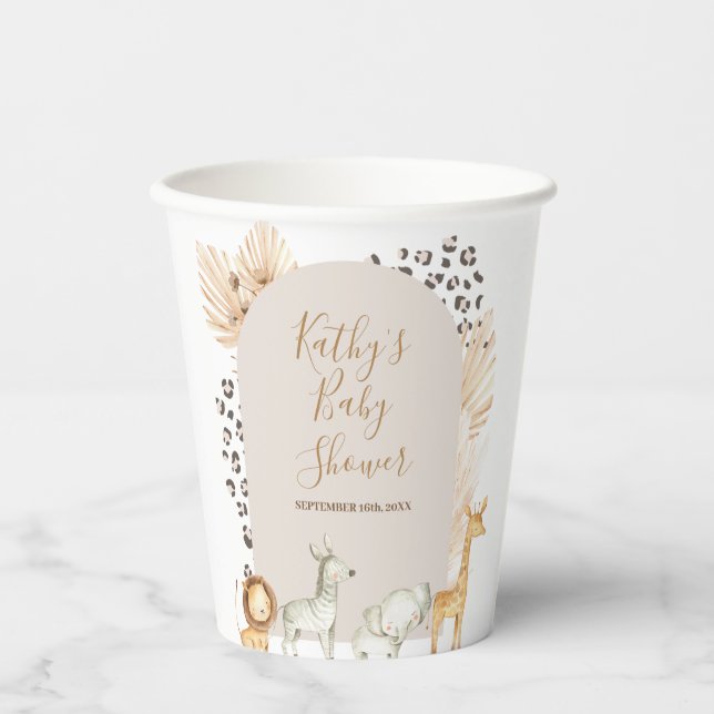 Gobelets En Papier Boho Safari Animaux Pampas Grass Coupes de papier  (Recto)