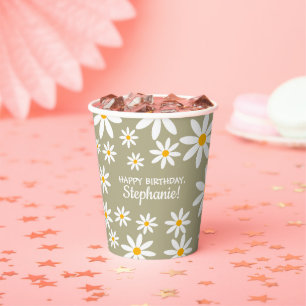 Gobelets En Papier Boho Sage Green Retro Daisies Anniversaire