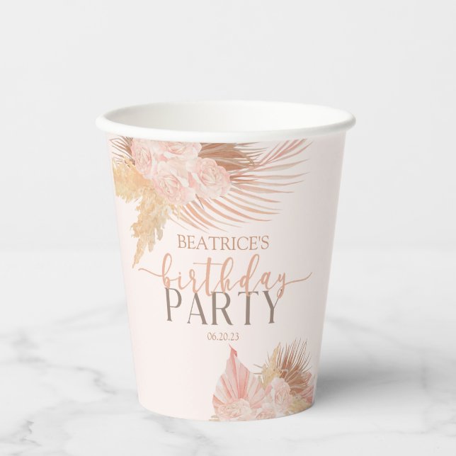 Gobelets En Papier Boho Soft Rose Floral Fleurs Anniversaire (Recto)