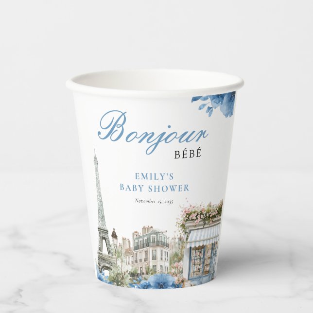 Gobelets En Papier Bonjour Bebe French Blue Baby Shower (Recto)