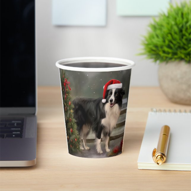 Gobelets En Papier Bordure Collie Chien dans neige Noël (Insitu)