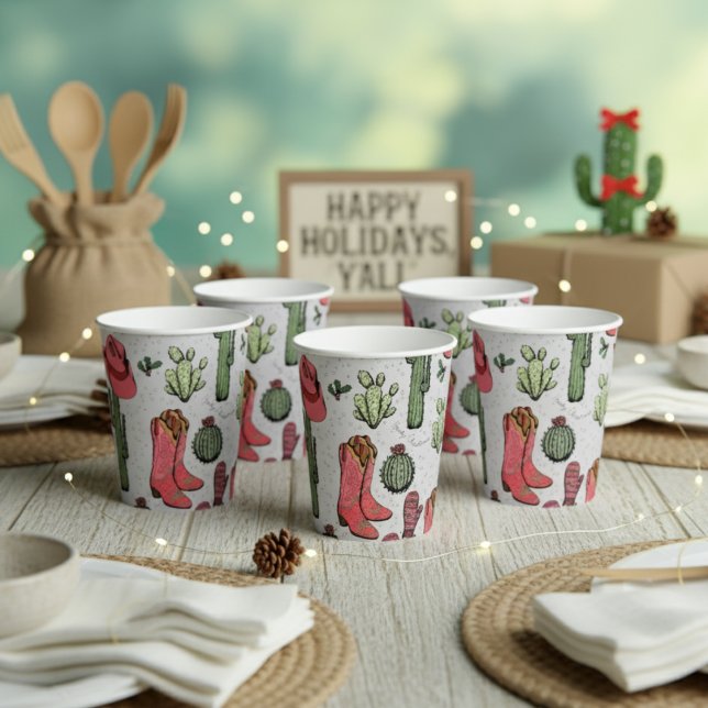 Gobelets En Papier Bottes de la petite fille de Noël de l'Ouest (Country Christmas Party Paper Cups. Cute Howdy Christmas Pink & Red Cowgirl Boots, Cacti, Succulents)