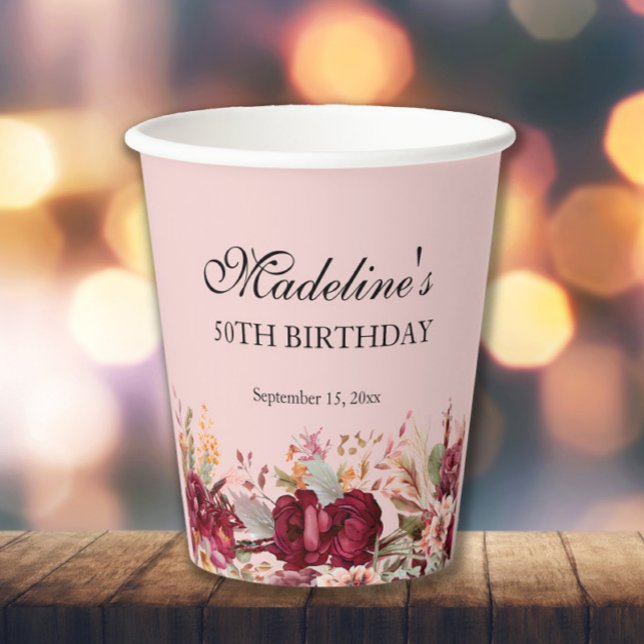 Gobelets En Papier Bourgogne rose Florale femme 50e anniversaire (Pink and burgundy floral birthday party paper cup)
