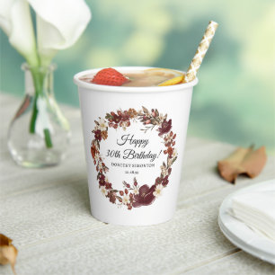 Gobelets En Papier Bourgogne rouge mauve automne fleurs 30e anniversa