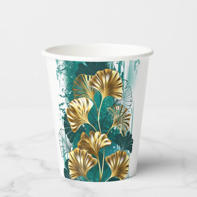 Gobelets En Papier Branche avec Feuilles d'or Ginko Biloba (Recto)