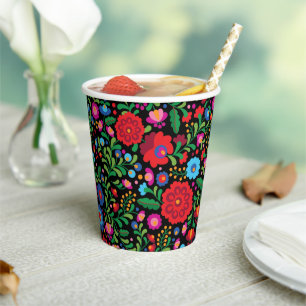 Gobelets En Papier Broderie mexicaine Motif coloré sur noir
