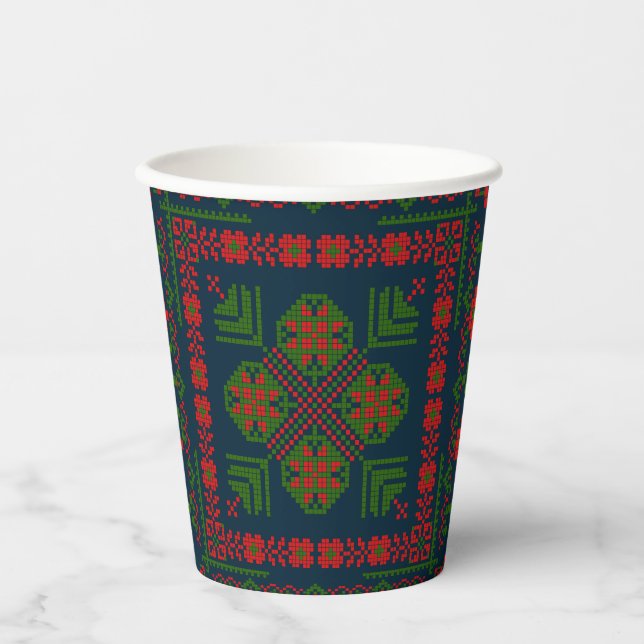 Gobelets En Papier Broderie palestinienne Tatreez rouge vert 5 Motif (Recto)