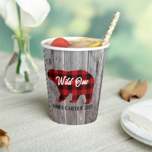 Gobelets En Papier Buffalo Plaid Bear Wild One Boy 1ère fête d'annive