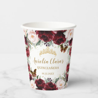 Gobelets En Papier Burgundy Blush Floral Quinceanera Sweet 16