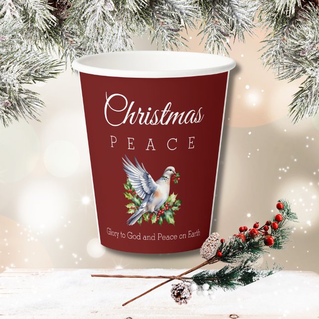 Gobelets En Papier Burgundy Peace Dove Holly Christian Christmas (Créateur téléchargé)