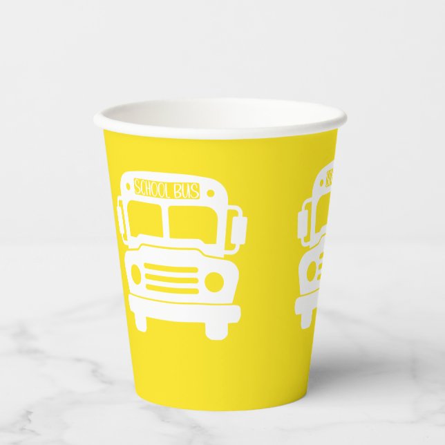 Gobelets En Papier Bus scolaire blanc sur Arrière - plan jaune (Recto)