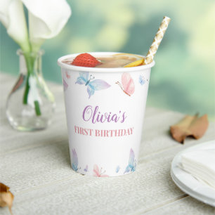 Gobelets En Papier Butterfly First Birthday Girl Whimsical