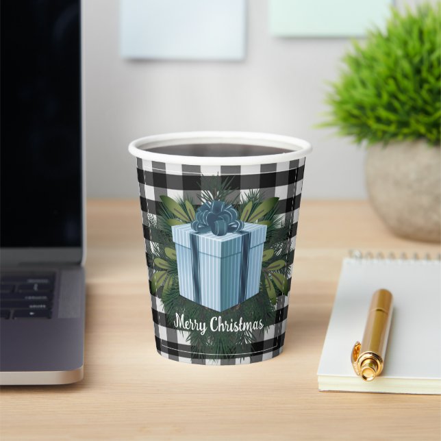 Gobelets En Papier Cadeau de Noël Plaid Buffalo | Bleu (Insitu)