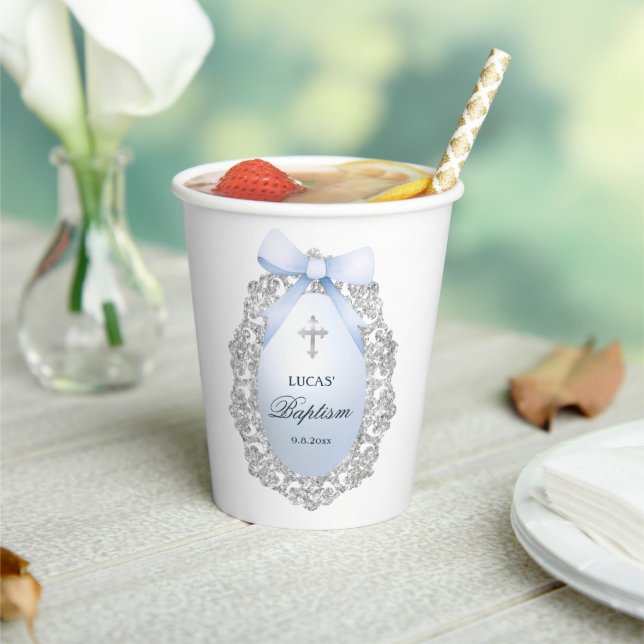 Gobelets En Papier Cadre Pailleté Argent Ruban Bleu Baptême (Insitu)