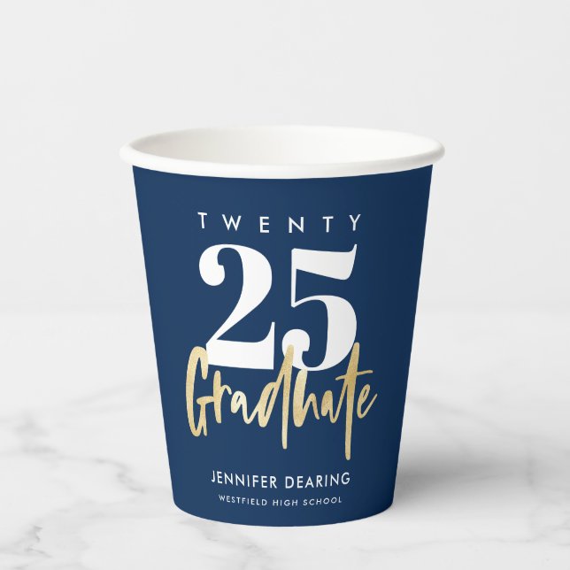 Gobelets En Papier Calligraphie Or moderne Bleu Graduation (Recto)