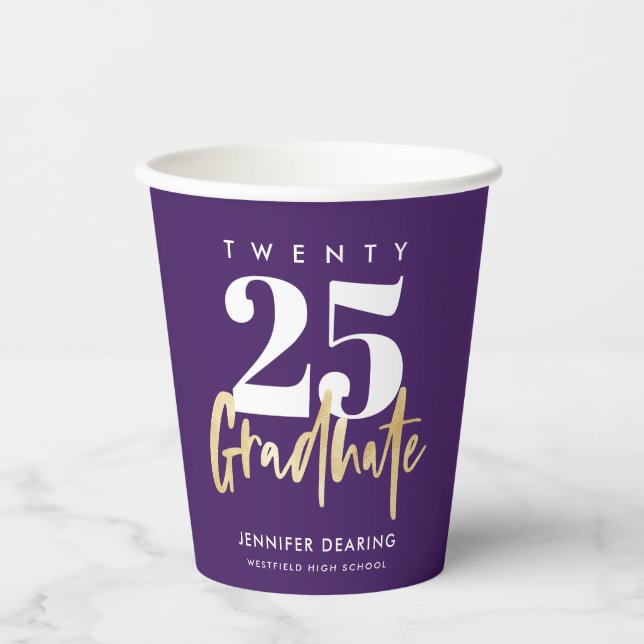 Gobelets En Papier Calligraphie Or Moderne Purple Graduation (Recto)