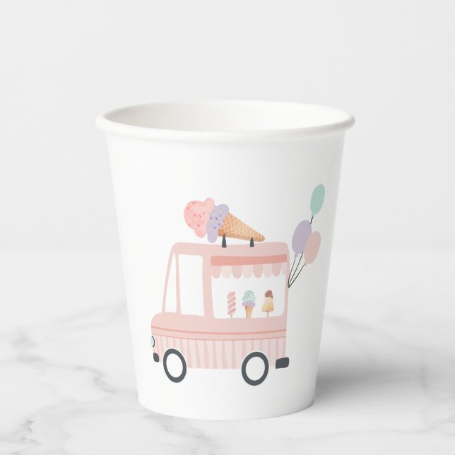 Gobelets En Papier Camion crème glacée 1er Anniversaire Fête Rose Swe (Recto)