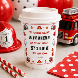 Gobelets En Papier Camion de pompier rouge et blanc Fête de 1er anniv