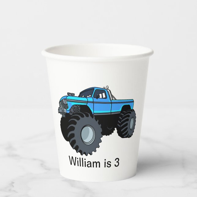 Gobelets En Papier Camion Monster bleu - Anniversaire personnalisé (Recto)