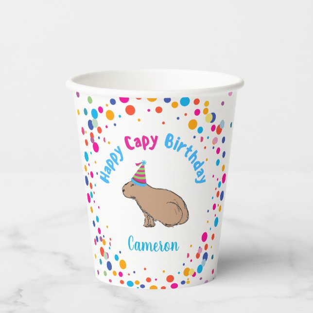 Gobelets En Papier Capybara Anniversaire Mignonne Illustré À La Main (Recto)