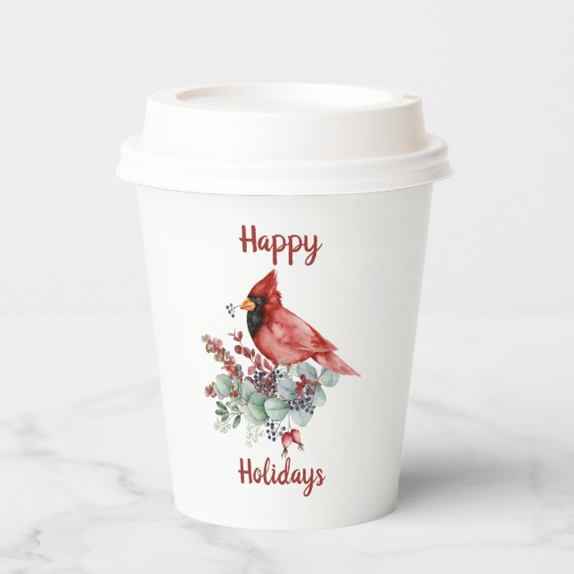 Gobelets En Papier Cardinal Rouge, Eucalyptus, Baies rouges Noël (Recto)