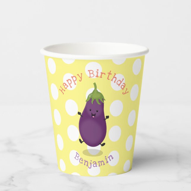 Gobelets En Papier Caricature d'aubergine d'aubergine joliment heureu (Recto)
