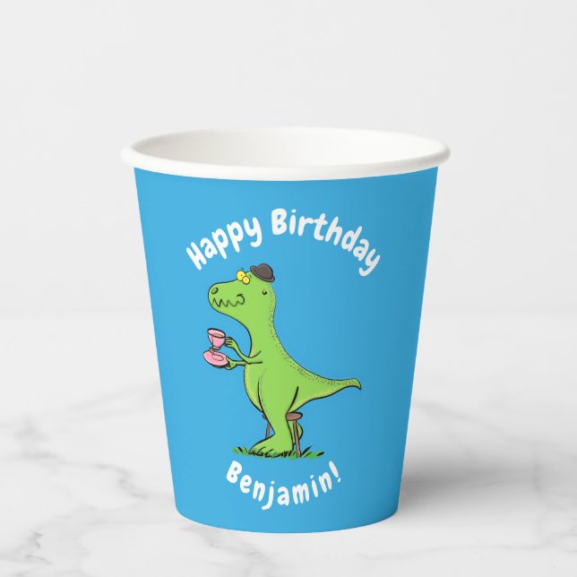 Gobelets En Papier Caricature de dinosaure vert t rex (Recto)