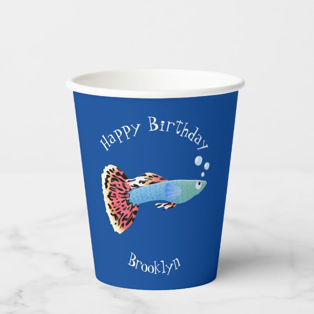 Gobelets En Papier Caricature de poisson tropical guppy très chic (Recto)