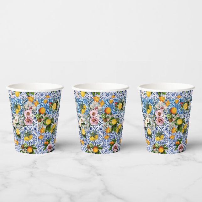Gobelets En Papier Carreaux Bleus Motif Méditerranéen (Multi)