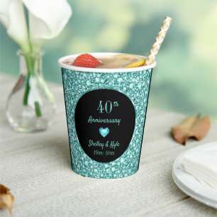 Gobelets En Papier Carreaux Turquoise Et Coeur - Anniversaire Papier 