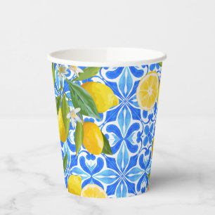 Gobelets En Papier Carrelage bleu méditerranéen Baby Shower Citron 