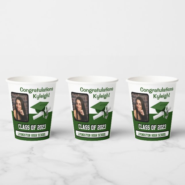 Gobelets En Papier Casquette & Diplôme, Green & White Graduation (Multi)