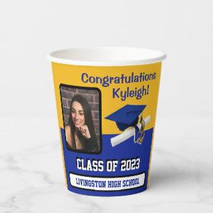 Gobelets En Papier Casquette & Diplôme, Royal Blue, Gold & White Grad