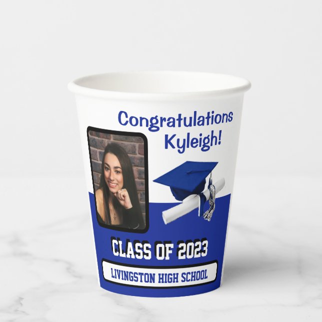 Gobelets En Papier Casquette & Diplôme, Royal Blue & White Graduation (Recto)