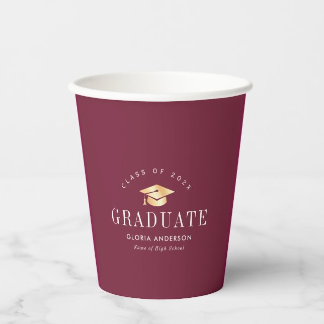 Gobelets En Papier casquette d'or Maroon Graduation (Recto)