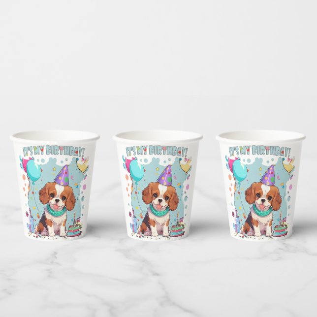 Gobelets En Papier Cavalier King Charles Pastel C'est mon anniversair (Multi)