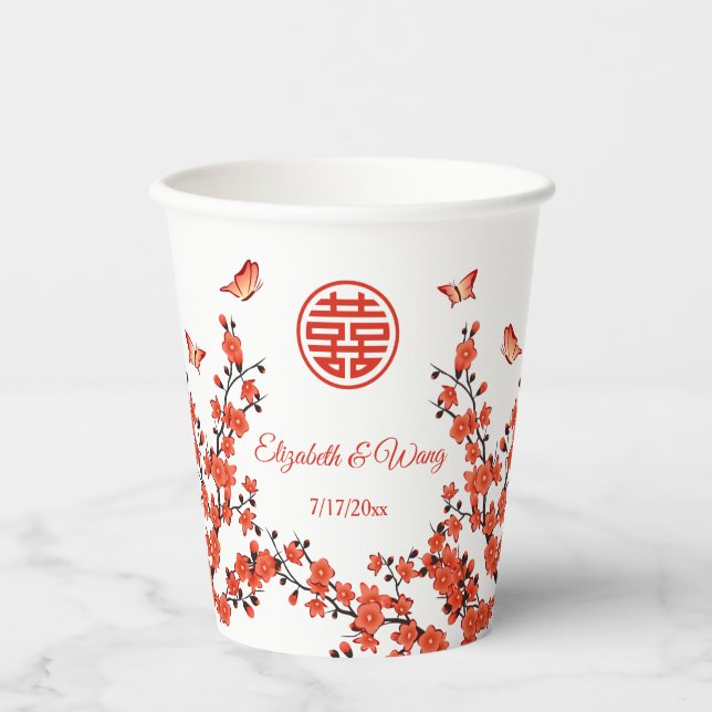 Gobelets En Papier Cérémonie chinoise du thé Mariage cerisier fleurs  (Recto)